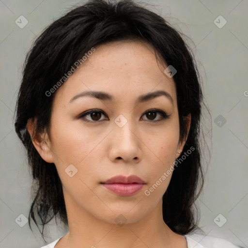 Neutral asian young-adult female with medium  brown hair and brown eyes