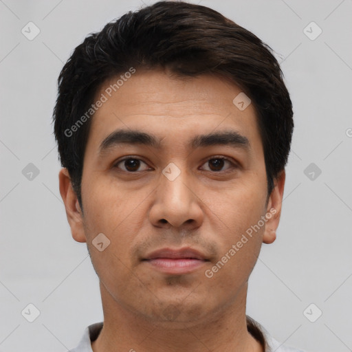 Neutral latino young-adult male with short  black hair and brown eyes