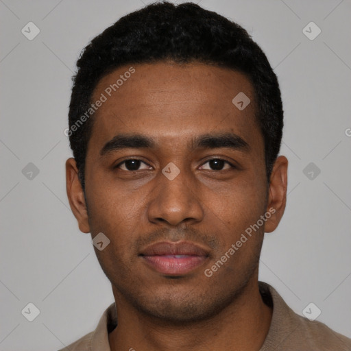 Neutral black young-adult male with short  black hair and brown eyes