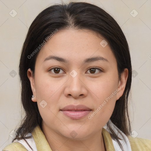 Joyful white young-adult female with medium  brown hair and brown eyes