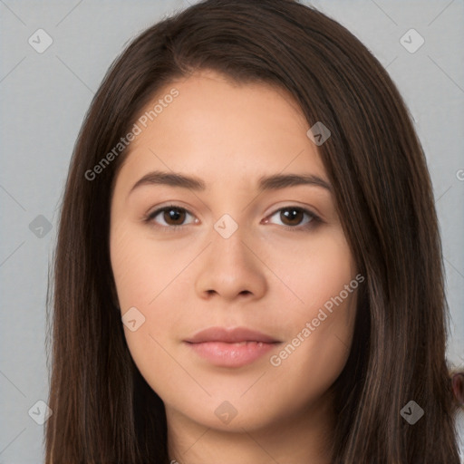 Neutral white young-adult female with long  brown hair and brown eyes