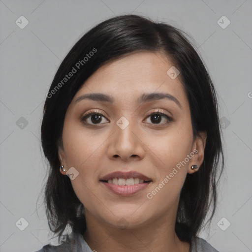 Joyful asian young-adult female with medium  black hair and brown eyes