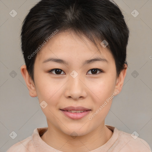 Joyful asian young-adult female with short  brown hair and brown eyes