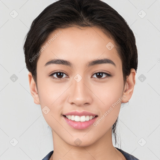 Joyful white young-adult female with medium  brown hair and brown eyes