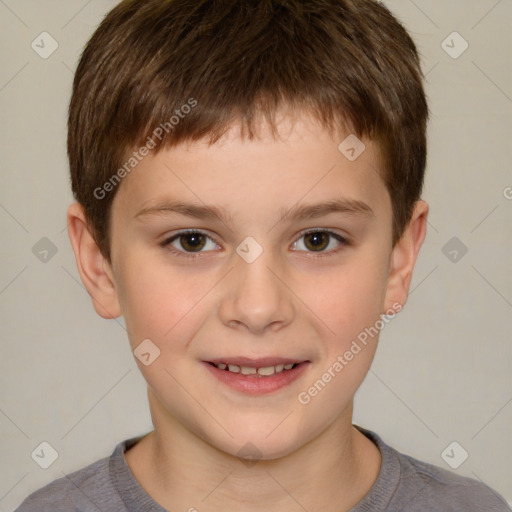 Joyful white child male with short  brown hair and brown eyes