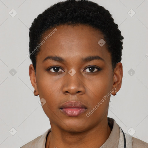 Neutral black young-adult female with short  black hair and brown eyes