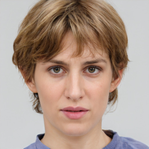 Neutral white young-adult female with medium  brown hair and grey eyes