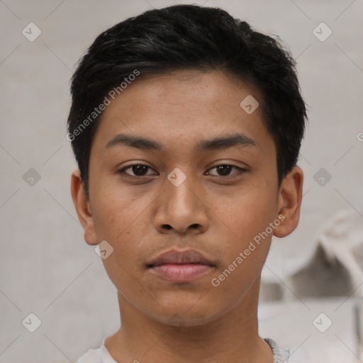 Neutral asian young-adult male with short  black hair and brown eyes