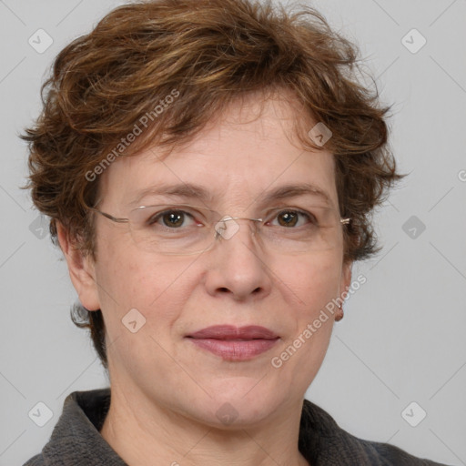 Joyful white adult female with medium  brown hair and blue eyes