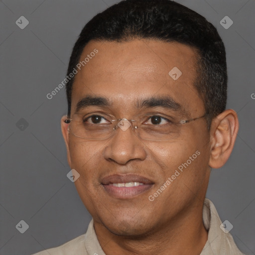Joyful black adult male with short  black hair and brown eyes