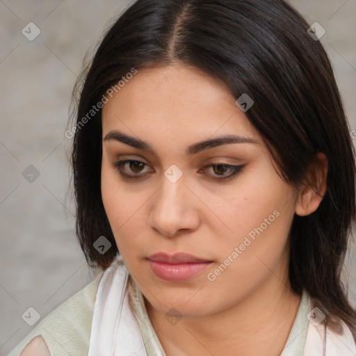 Neutral white young-adult female with medium  brown hair and brown eyes