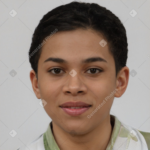 Joyful latino young-adult female with short  brown hair and brown eyes