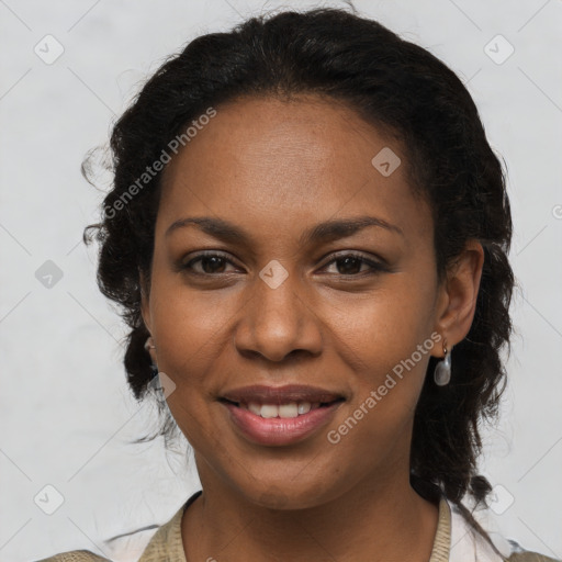 Joyful black young-adult female with medium  brown hair and brown eyes