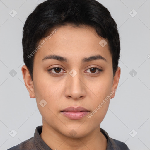 Neutral latino young-adult female with short  black hair and brown eyes