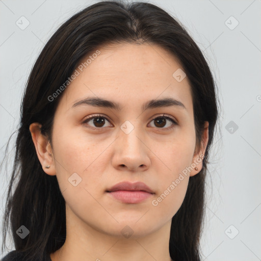 Neutral asian young-adult female with long  brown hair and brown eyes