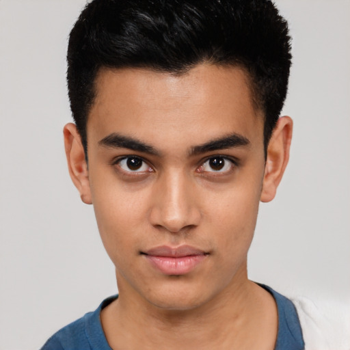 Neutral latino young-adult male with short  black hair and brown eyes
