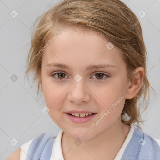 Joyful white child female with medium  brown hair and brown eyes