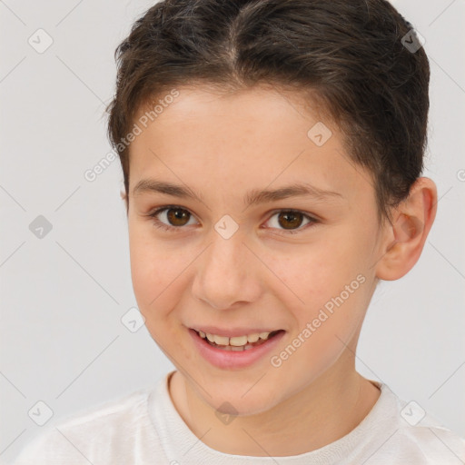 Joyful white child female with short  brown hair and brown eyes