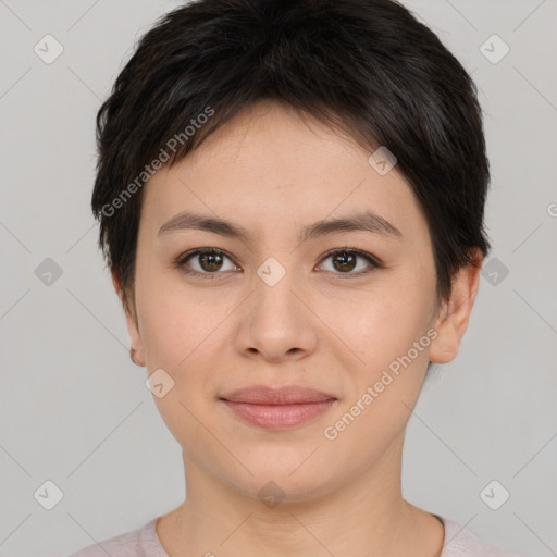 Joyful white young-adult female with short  brown hair and brown eyes