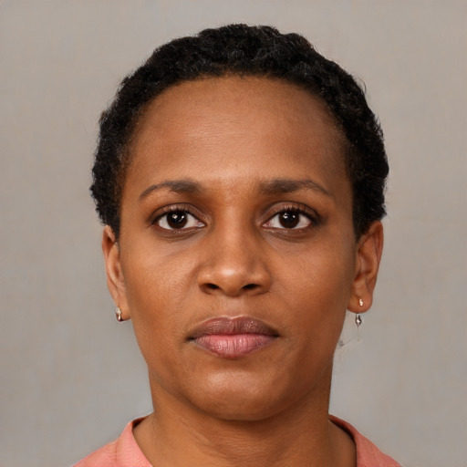 Neutral black young-adult female with short  black hair and brown eyes
