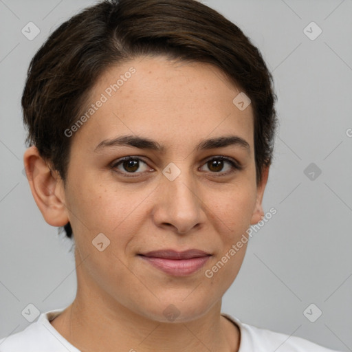 Joyful white young-adult female with short  brown hair and brown eyes