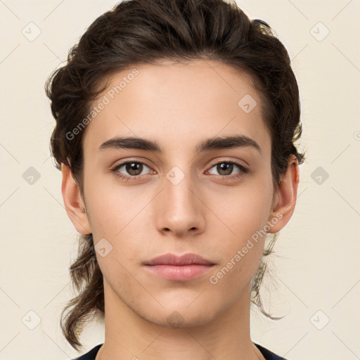 Neutral white young-adult female with medium  brown hair and brown eyes