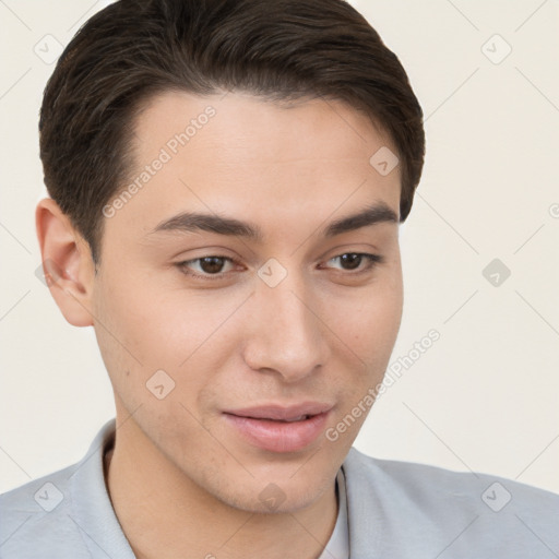 Neutral white young-adult male with short  brown hair and brown eyes