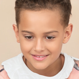 Joyful white child female with short  brown hair and brown eyes