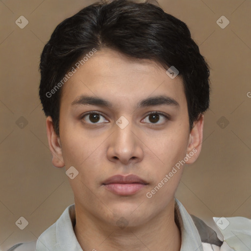 Neutral latino young-adult male with short  brown hair and brown eyes