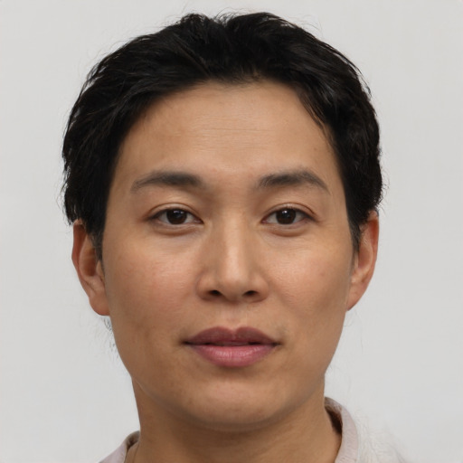 Neutral asian young-adult female with short  brown hair and brown eyes