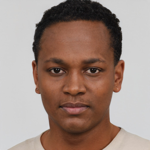 Neutral black young-adult male with short  black hair and brown eyes