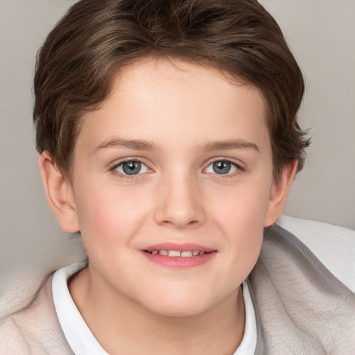 Joyful white child female with short  brown hair and brown eyes