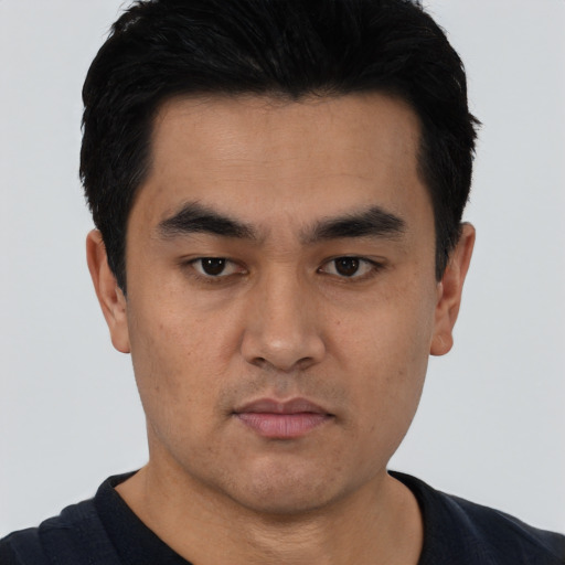 Neutral asian young-adult male with short  black hair and brown eyes