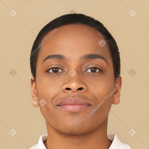 Joyful black young-adult male with short  brown hair and brown eyes