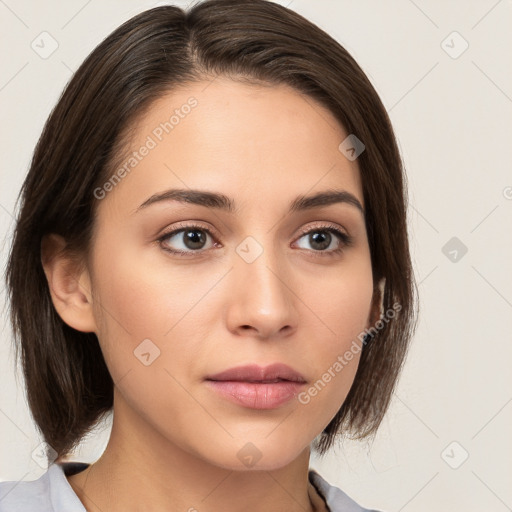 Neutral white young-adult female with medium  brown hair and brown eyes