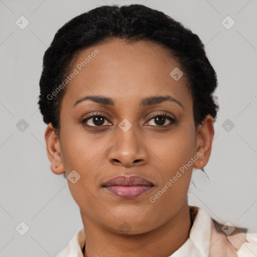 Neutral black young-adult female with short  brown hair and brown eyes