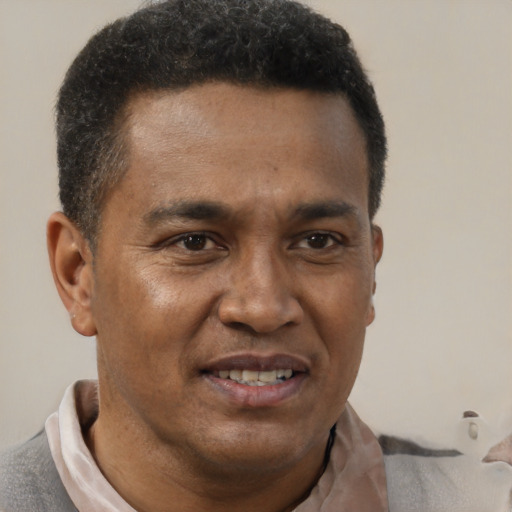 Joyful latino adult male with short  brown hair and brown eyes