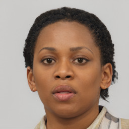 Neutral black young-adult female with short  brown hair and brown eyes