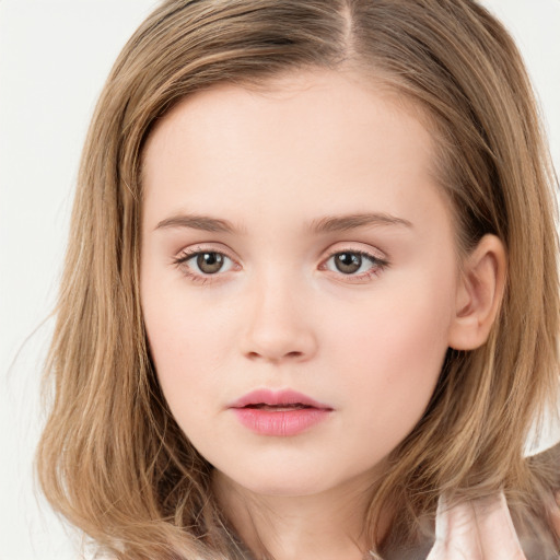 Neutral white child female with long  brown hair and brown eyes