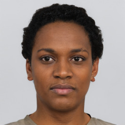 Neutral black young-adult female with short  black hair and brown eyes