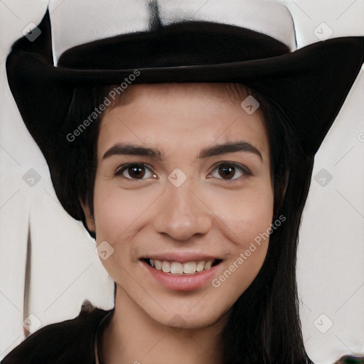 Joyful white young-adult female with long  black hair and brown eyes