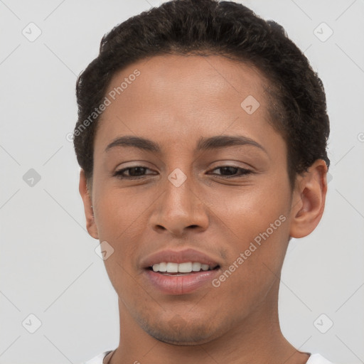 Joyful white young-adult female with short  brown hair and brown eyes