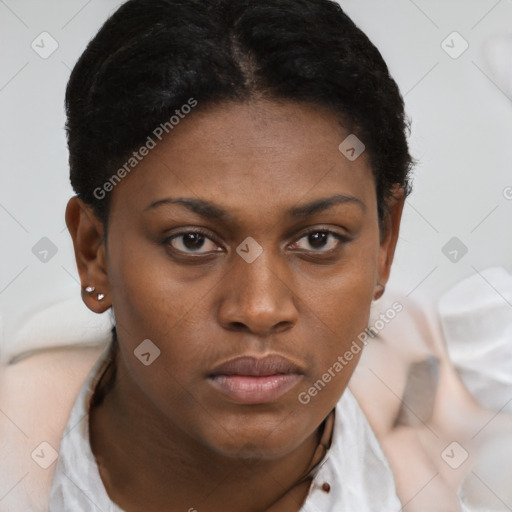 Neutral black young-adult female with short  brown hair and brown eyes