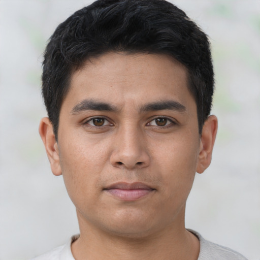 Neutral asian young-adult male with short  black hair and brown eyes
