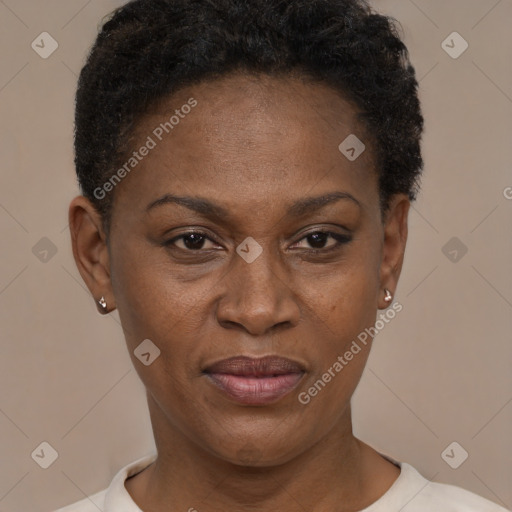 Joyful black adult female with short  brown hair and brown eyes