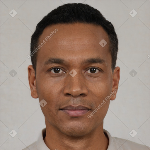 Neutral black young-adult male with short  black hair and brown eyes