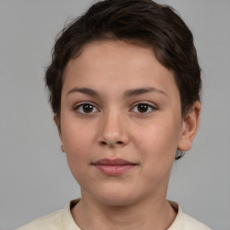 Neutral white young-adult female with short  brown hair and brown eyes