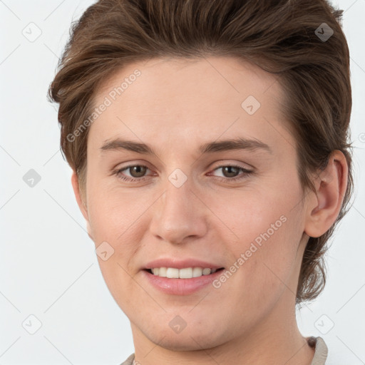 Joyful white young-adult female with short  brown hair and grey eyes