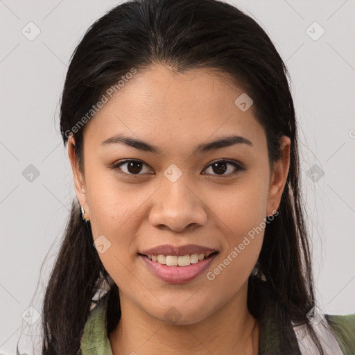 Joyful white young-adult female with long  brown hair and brown eyes