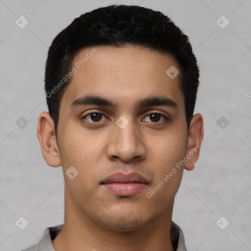 Neutral latino young-adult male with short  black hair and brown eyes